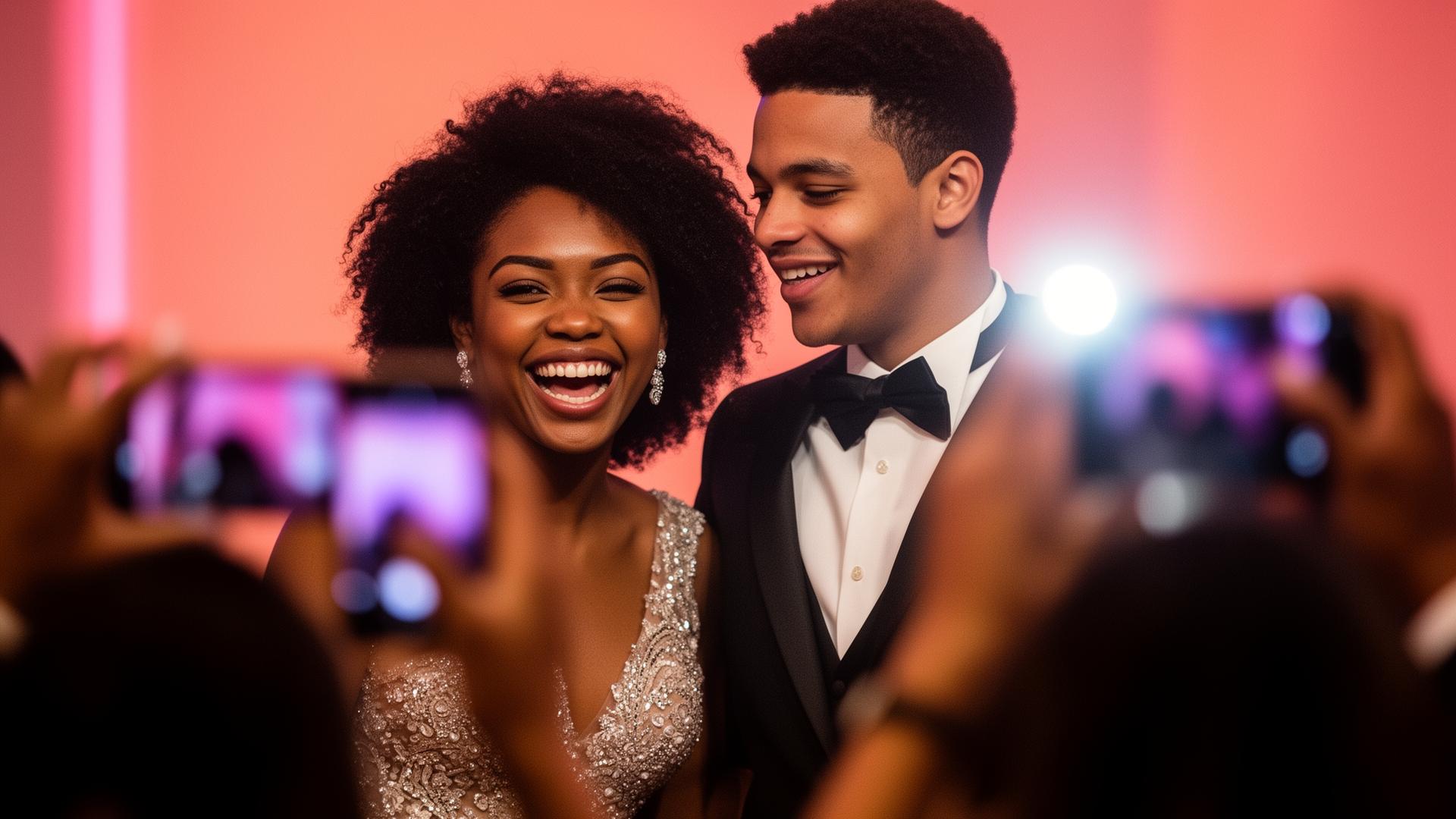 A laughing matric dance couple as friends snap photos